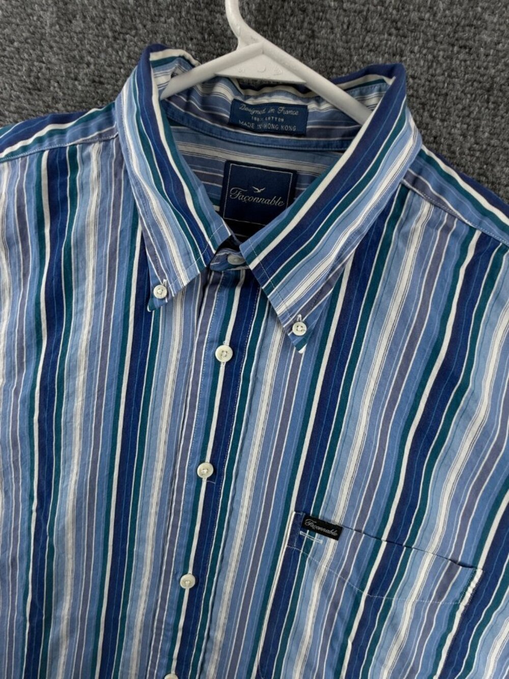 Faconnable Blue White Striped Button-Down XL Cotton Long Sleeve Pocket Shirt Men